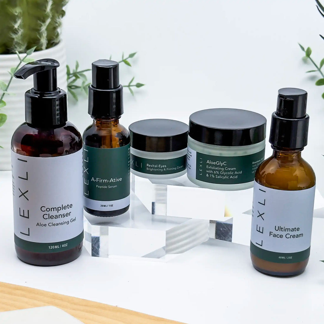 three bottles and two jars included in the Skincare Kit for Mature Skin